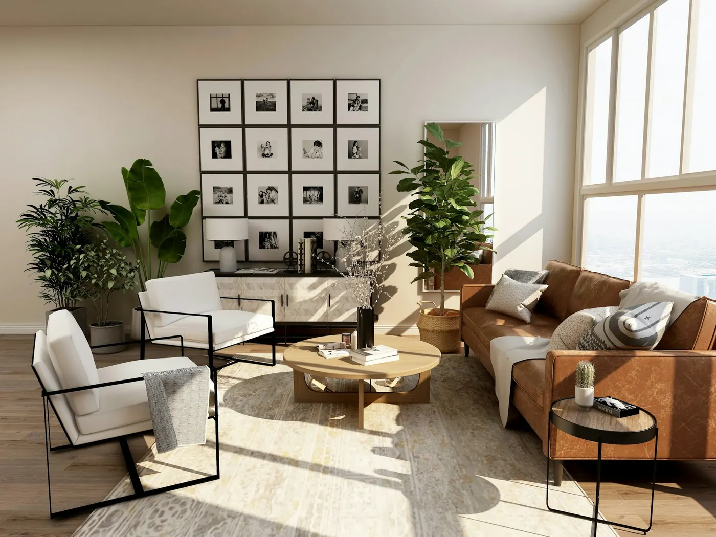 Warm, sun-filled living room with a caramel sofa, wooden furniture, and natural textures