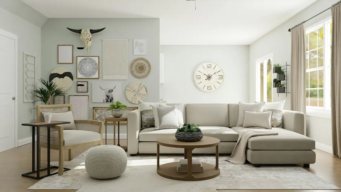 Warm neutral interior with layered natural textures and sunlit greenery